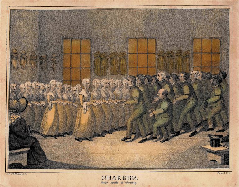 Reading a print "Shakers, their mode of worship" Shaker Museum